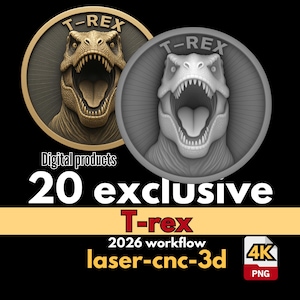 T-Rex Coin Depth Map: 20 Funny Dinosaur Coins 4K 16-bit PNG Laser Engraving, CNC Relief, Glowforge, LightBurn, Wood Carving