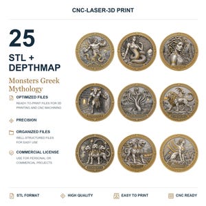 May include: A digital collection of 25 STL and depth map files featuring Greek mythology monsters. The image displays nine circular medallions with gold borders and silver-toned reliefs of Typhon, Echidna, Medusa, Minotaur, Hydra, Chimera, Cerberus, Orthrus, and Sphinx.