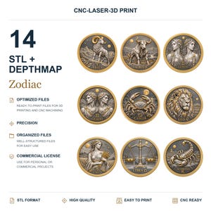 May include: A digital collection of 14 zodiac-themed STL and depth map files for CNC and 3D printing. The image displays circular gold-rimmed medallions featuring detailed relief illustrations of Aries, Taurus, Gemini, Cancer, Leo, Virgo, Libra, and Scorpio.