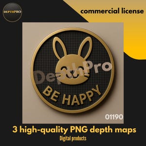 Peut inclure: Un design circulaire doré avec un visage de lapin et les mots "BE HAPPY" sur un fond noir. L'image comprend également le texte "3 high-quality PNG depth maps" et "Digital products". Le design a une licence commerciale.