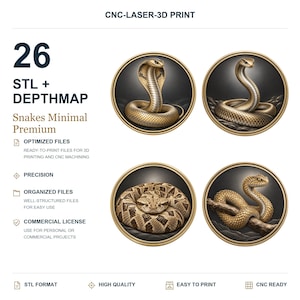 Puede incluir: Una colección digital de 26 archivos STL y mapas de profundidad con diseños de serpientes para CNC e impresión 3D. El gráfico muestra cuatro medallones circulares con borde dorado, cada uno con una ilustración detallada de serpiente.