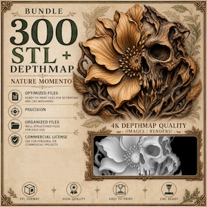 Peut inclure: Un lot numérique de 300 fichiers STL et cartes de profondeur intitulé Nature Momento, présentant un graphique en relief style bois sculpté d'une fleur fusionnée avec un crâne. Inclut des rendus 4K, des fichiers optimisés pour impression 3D et CNC.