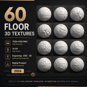 Peut inclure: Un produit numérique présentant 60 textures 3D de sol en résolution PNG 1920x1920 et qualité 16 bits. Le graphique inclut des étiquettes pour la gravure, CNC et production 3D, avec une grille de douze échantillons de textures sphériques blanches.