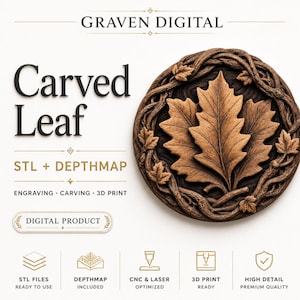 May include: A digital product listing for a carved leaf design by Graven Digital. The image features a circular wooden relief of a central leaf surrounded by a vine border. Text includes Carved Leaf, STL + DEPTHMAP, and DIGITAL PRODUCT.