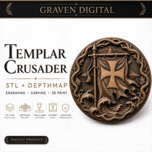 Peut inclure: Un produit numérique pour un modèle 3D Templar Crusader. L'image montre une sculpture en relief circulaire avec une croix sur une bannière, un mât et des vagues stylisées. Le texte inclut GRAVEN DIGITAL, TEMPLAR CRUSADER, STL + DEPTHMAP, ENGRAVING, CARVING, 3D PRINT et DIGITAL PRODUCT.