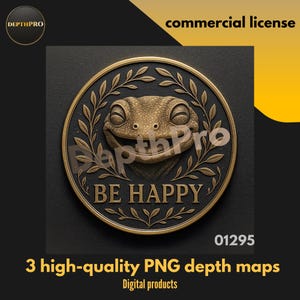 Peut inclure: Un médaillon circulaire de couleur bronze avec un visage de grenouille souriante, les mots "BE HAPPY" et des feuilles de laurier. L'image comprend le texte "3 high-quality PNG depth maps" et "Digital products". Le fond est gris foncé.