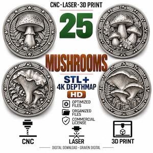 25 Mushrooms STL & PNG Depthmap Bundle, Relief Models for CNC, Laser Engraving and 3D Printing
