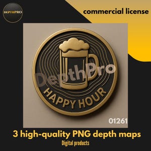 Peut inclure: Un design circulaire doré et noir avec une illustration de chope de bière et les mots "HAPPY HOUR". L'image comprend également le texte "commercial license", "3 high-quality PNG depth maps" et "Digital products".
