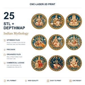 25 Indian Mythology STL & PNG Depthmap Bundle, Relief Models for CNC, Laser Engraving and 3D Printing