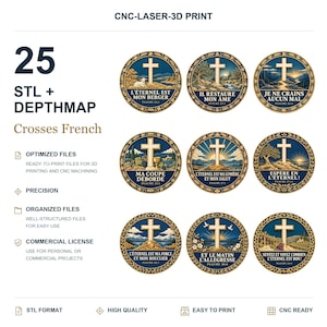 May include: A collection of 25 circular digital files for CNC and 3D printing, labeled CNC-LASER-3D PRINT. Each design features a central cross with French religious text and landscape illustrations in blue, gold, and white, organized for use.