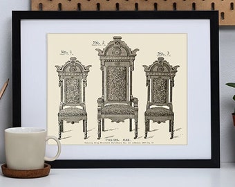 Three Vintage Chairs from Krug Brothers Furniture Catalog 1894 - Ornate Wooden Chair Art Print Vintage Home Decor
