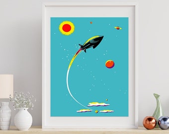 Rocket Ship in Outer Space Kids Art Print of Sun Stars and Planets  - Kids Galaxy Art Spaceship