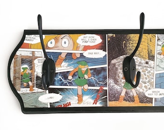 Zelda Comic Book Coatrack, Legend of Zelda featuring Link, Wooden Coat Rack Nintendo Hero Link and Princess Zelda