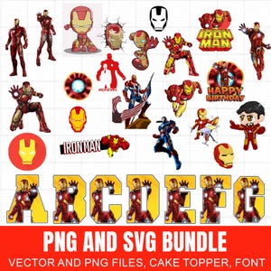 Puede incluir: Una colección de gráficos con el tema de Iron Man, que incluye ilustraciones de personajes, logotipos y diseños de letras. Las imágenes presentan al superhéroe en varias poses y estilos, con el texto "PNG AND SVG BUNDLE" y "VECTOR AND PNG FILES, CAKE TOPPER, FONT".