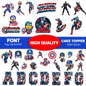Op de afbeelding: Een verzameling Captain America-thema graphics, waaronder illustraties van het personage in actieposes, schilden en logo's. De afbeelding bevat ook de tekst "CAPTAIN AMERICA", "HAPPY BIRTHDAY", "FONT", "HIGH QUALITY" en "CAKE TOPPER PRINT READY".