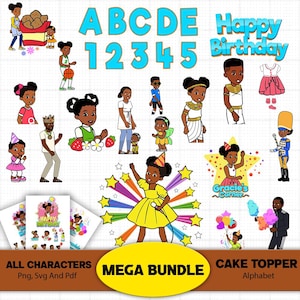 May include: A digital art collection featuring cartoon characters, numbers, and letters. The image includes the text "Happy Birthday," "Gracie's Corner," and "Mega Bundle." The characters are in various outfits, and the image is designed for cake toppers.