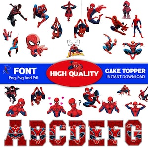 Könnte beinhalten: Eine Sammlung von roten und blauen Spider-Man-Charakterillustrationen in verschiedenen Actionposen. Das Bild enthält den Text "FONT" und "HIGH QUALITY CAKE TOPPER INSTANT DOWNLOAD" in einem blauen und roten Banner sowie die Buchstaben A, B, C, D, E, F und G.