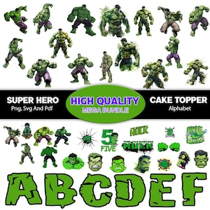 May include: A selection of Hulk-themed graphics, featuring the character in various poses, faces, and the alphabet. The images are in green, purple, and grey, with text that reads "SUPER HERO," "HIGH QUALITY MEGA BUNDLE," and "CAKE TOPPER Alphabet."