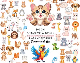 May include: A colourful illustration featuring a variety of cartoon animals, such as a cat, parrot, and other wildlife. The image includes the text "300 DPI ANIMAL MEGA BUNDLE PNG AND SVG FILES Commercial Use."