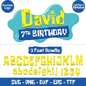 May include: A digital design featuring the name "David" in yellow, block-style letters, with a blue background. Below, the text reads "7th Birthday." The image also includes a font bundle with the alphabet and numbers.