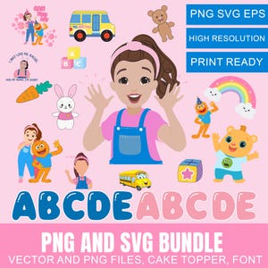 Puede incluir: Un paquete gráfico digital con una niña de dibujos animados y varias ilustraciones, incluyendo un autobús escolar amarillo, un arcoíris y letras del alfabeto. El texto incluye "PNG SVG EPS", "ALTA RESOLUCIÓN" y "LISTO PARA IMPRIMIR".