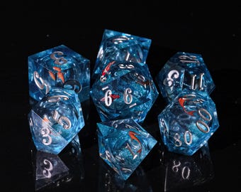 Blue Light koi vloeibare kerndobbelstenen, glinsterende blauwe vloeibare kerndobbelstenen voor RPG's, hars vloeibare dobbelstenen, cadeau aan hem, D en D-dobbelstenenset