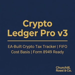 May include: A dark blue digital graphic with gold text reading Crypto Ledger Pro v3, EA-Built Crypto Tax Tracker, FIFO, Cost Basis, Form 8949 Ready, and Churchill, Rossi & Co. The design features a horizontal line separating the main title from the text.