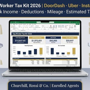 Könnte beinhalten: Ein Laptop zeigt ein Steuerformular mit dem Titel "Gig Worker Tax Kit 2026" mit Finanzdaten. Der Bildschirm zeigt Einkommen, Abzüge und geschätzte Steuern. Das obere Banner lautet "DoorDash, Uber, Instacart". Das untere Banner lautet "Churchill, Rossi & Co. Enrolled Agents."