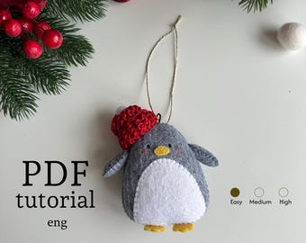 Patrón PDF de adorno de pingüino de fieltro, tutorial de costura fácil, decoración para árbol de Navidad