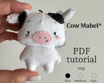 Patrón de vaca de fieltro en PDF, plantilla de costura de animales de granja Mabel, peluche fácil de hacer a mano, descarga digital para principiantes