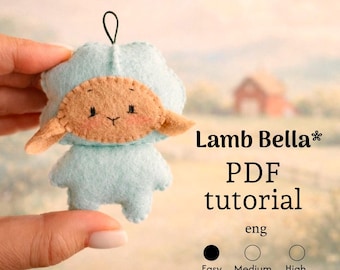 Patrón de costura en PDF de cordero azul, tutorial para hacer un juguete de fieltro con forma de animal, peluche de animales de granja fácil de hacer, llavero para bolso, manualidad para principiantes.