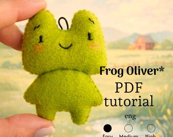 Patrón de costura en PDF para rana de fieltro, peluche de Oliver el pequeño animal de granja, tutorial para hacer un peluche, manualidad de costura a mano para principiantes.