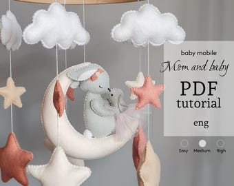Tutorial en PDF: Patrón de conejito en la luna para móvil de fieltro, estilo rosa, proyecto de costura para principiantes