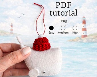 Patrón de costura en PDF: Preciosa ballena beluga de fieltro con sombrero rojo. Tutorial paso a paso para principiantes, descarga instantánea.