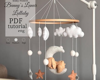 Patrón de móvil para bebé "Conejito en la Luna" en PDF, tutorial de costura de móvil de cuna de fieltro, tutorial de bricolaje neutro para habitación de bebé.