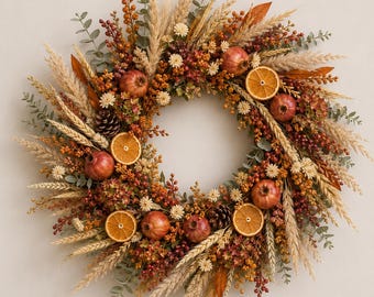 Harvest Wheat & Dried Orange Wreath | Rustic Autumn Door Decor (18 Inch)