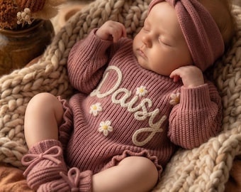 Embroidered romper baby girl Newborn outfit gift Custom Birth announcement 1st birthday gift