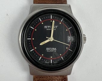 Reloj de cuarzo suizo Sigura Stunt vintage para hombre, años 80, con correa de cuero