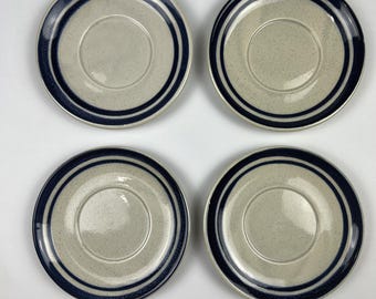 Lote de 4 platillos vintage de cerámica moteada con banda azul de 6" estilo restaurante