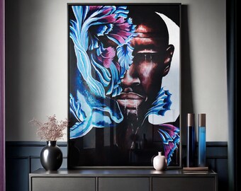 Stampa giclée di un uomo-pesce surreale, arte figurativa blu, bianca e nera, ritratto espressivo da appendere al muro.