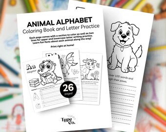 Libro para colorear del alfabeto animal con práctica de escritura de letras (descarga digital) - ¡Imprime directamente en casa!