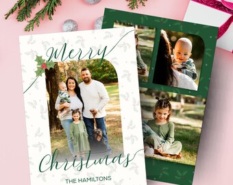 Tarjeta navideña imprimible con foto, plantilla navideña de acebo (descarga digital)