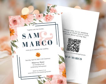 Plantilla de invitación de boda editable / Invitación de boda con flores en acuarela rosa y naranja con descarga instantánea