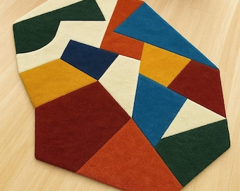 Hand-Tufted Geometric Wool Rug: Abstract Multicolor Design, 5x8