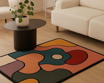 Hand Tufted Wool Rug: Abstract Multicolor Mid-Century Modern Design