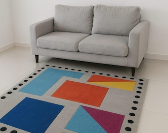 Hand-Tufted Wool Area Rug: Multicolor Geometric, Mid-Century Modern