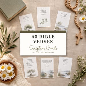 May include: A set of 45 Bible verse scripture cards featuring watercolor illustrations of landscapes and plants. The cards display religious text and are arranged around a central sign reading 45 BIBLE VERSES Scripture Cards PDF INSTANT DOWNLOAD.