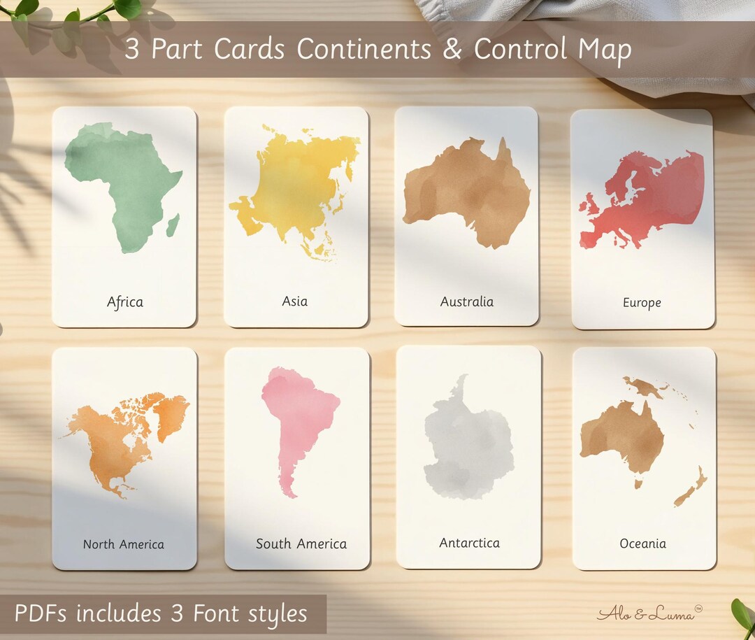 Montessori 3 Part Cards & Control Map – Continent Learning Geography ...