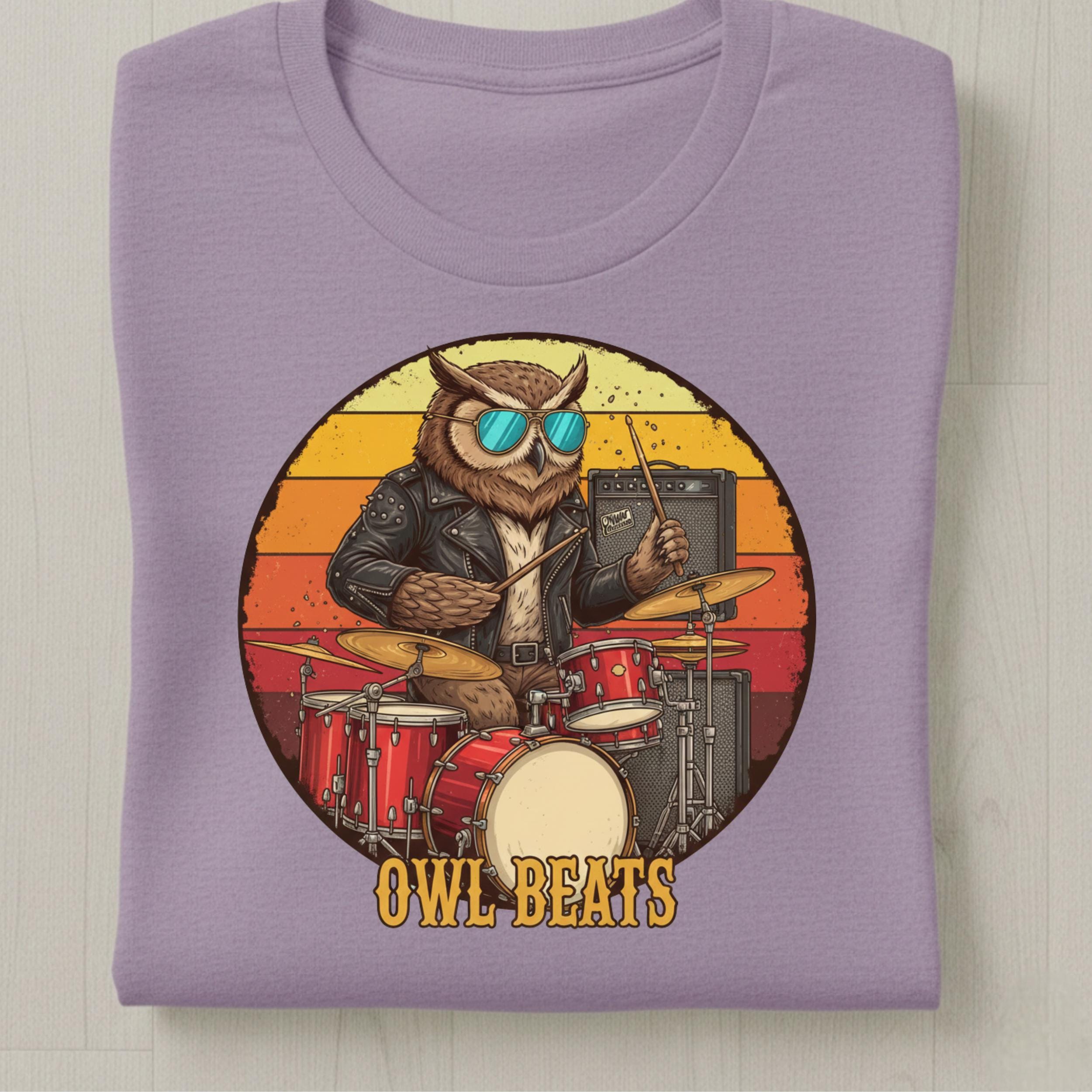 Drummer Owl PNG Rock Band Musician Sublimation Design, Cool Owl Drumming PNG for T-Shirt, Vintage Pe