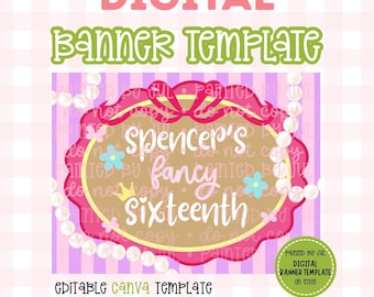 Modelo de Banner de Aniversário Elegante | DOWNLOAD DIGITAL | Banner Editável no Canva | Banner Pintado DIY 36x48 | Tema de Meninas com Laço de Flores